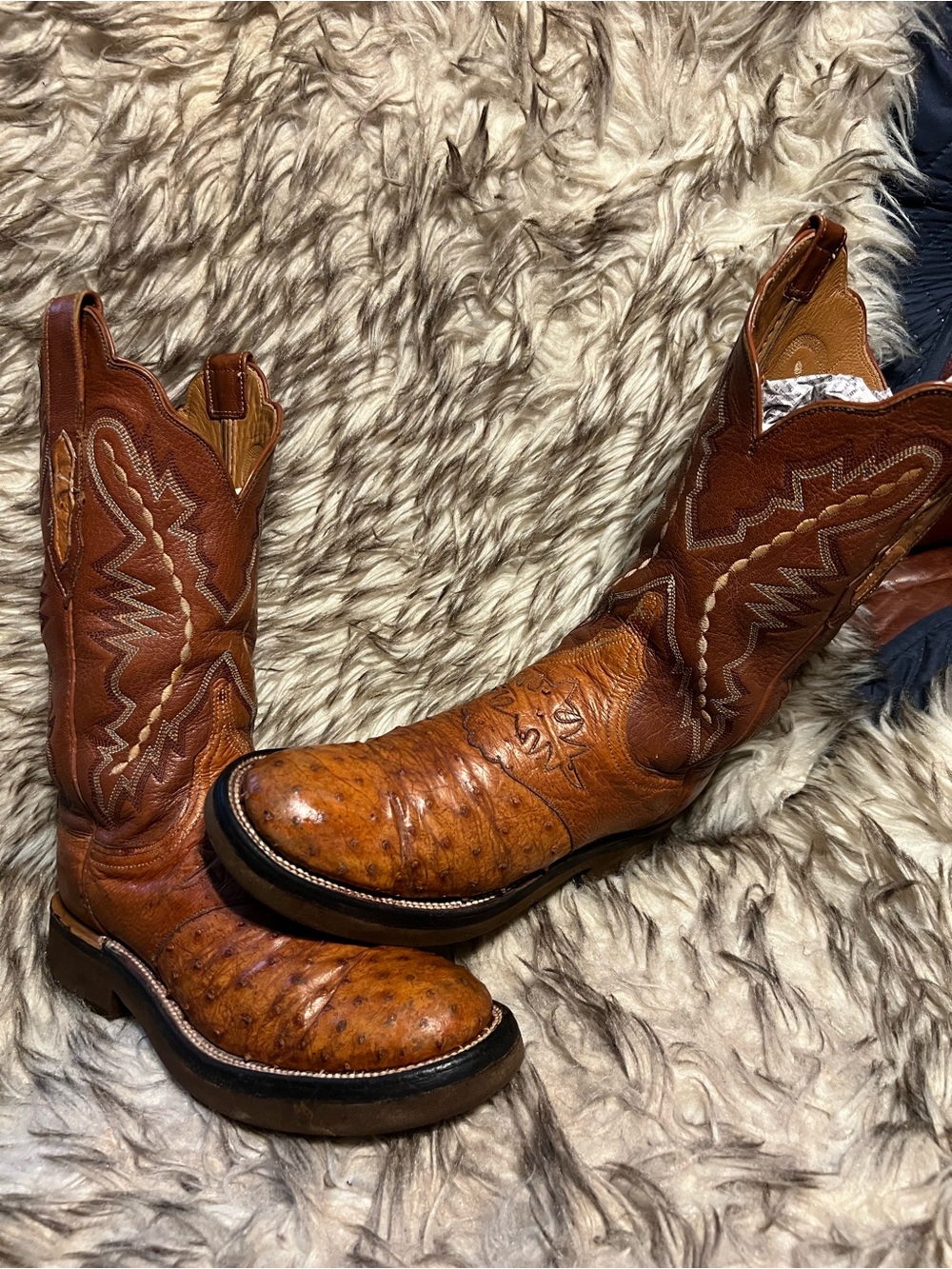 Lucchese Women's Tan Brown Ostrich-Textured Heeled Western Boots Sz 7 B